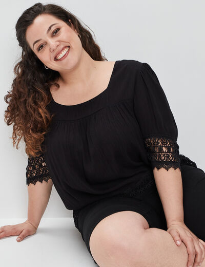 Blouse fluide manches 3/4 en dentelle noir femme grande taille