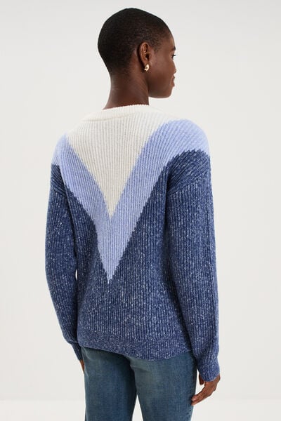 Pull manches longues col rond bleu femme