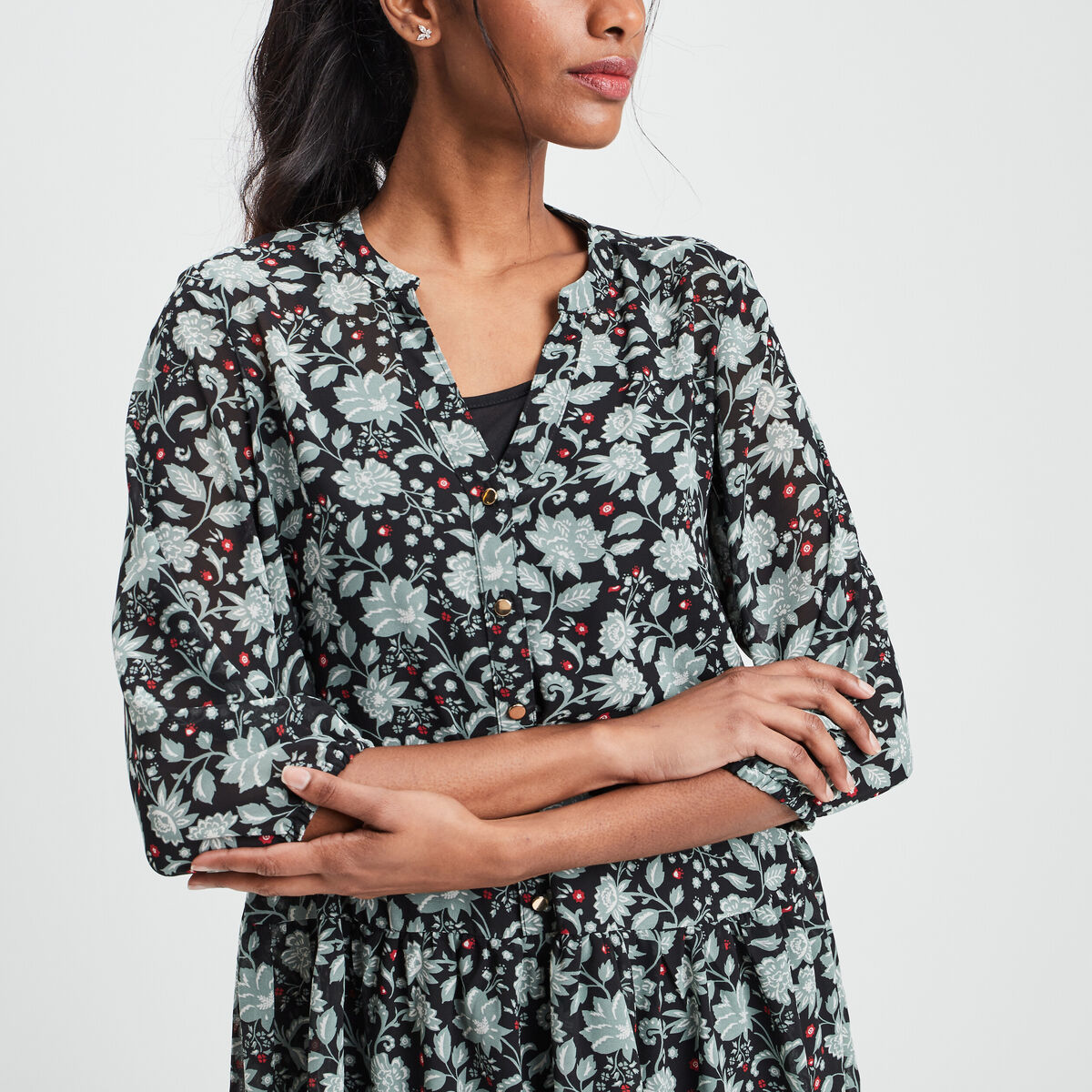 Robe droite fluide manches 3/4 noir femme