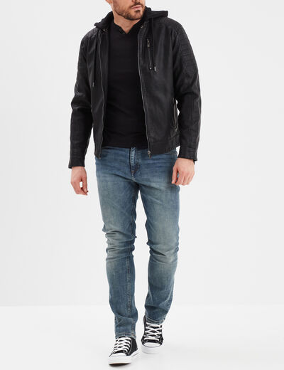 T-shirt manches courtes col tunisien noir homme