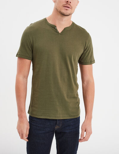 T-shirt manches courtes col tunisien vert kaki homme
