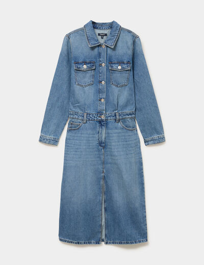 Robe longue en jean manches longues denim double stone femme