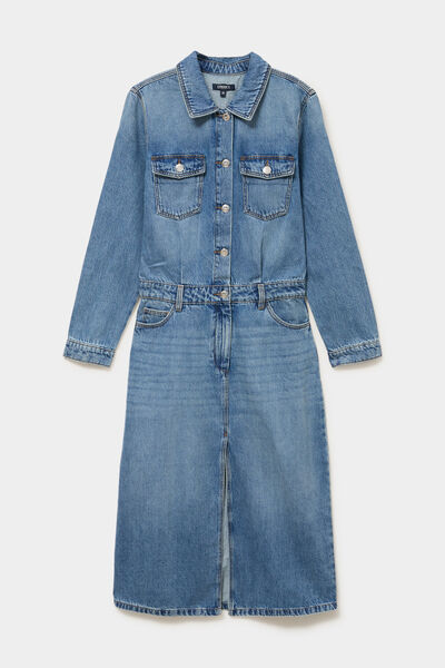 Robe longue en jean manches longues denim double stone femme