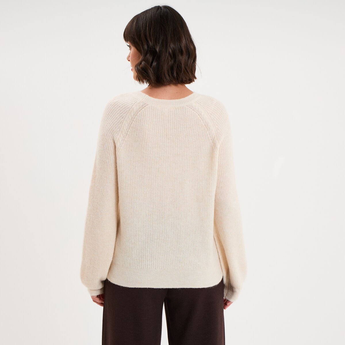 Pull col rond manches longues blanc femme