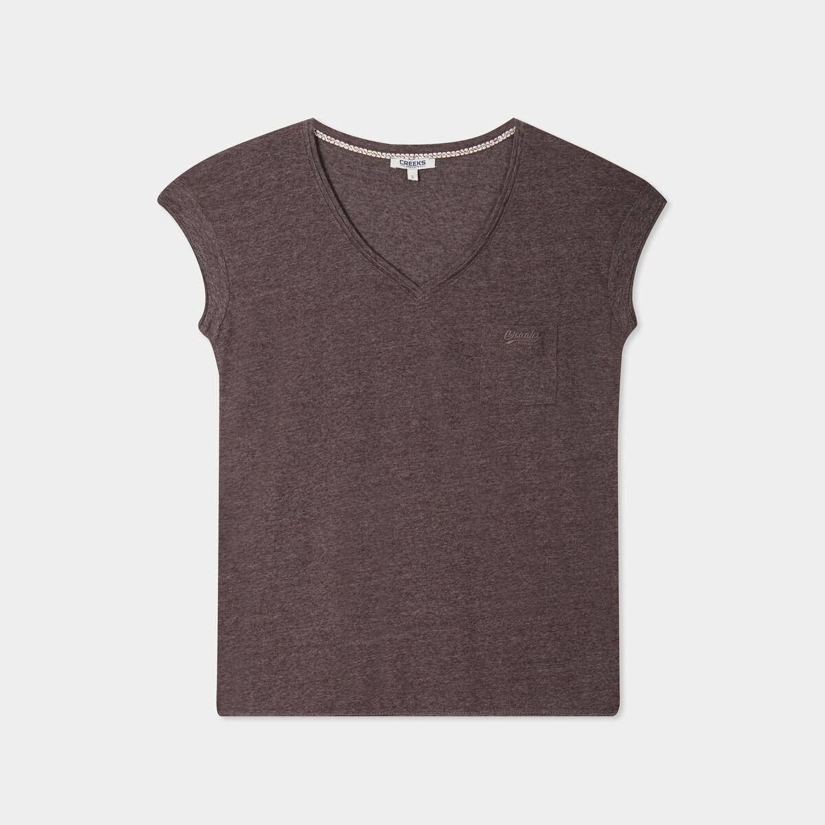 T-shirt col v poche poitrine Creeks marron foncé femme