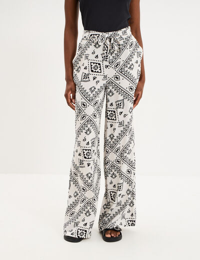 Pantalon large taille &eacute;lastiqu&eacute;e blanc femme