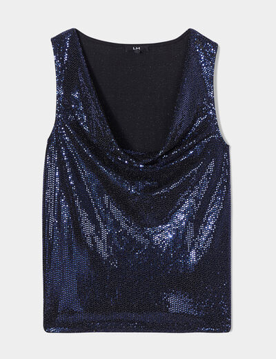 T-shirt col bénitier à strass bleu femme