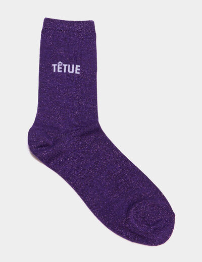 Chaussettes &agrave; fils m&eacute;tallis&eacute;s mi-hautes violet fonc&eacute; femme