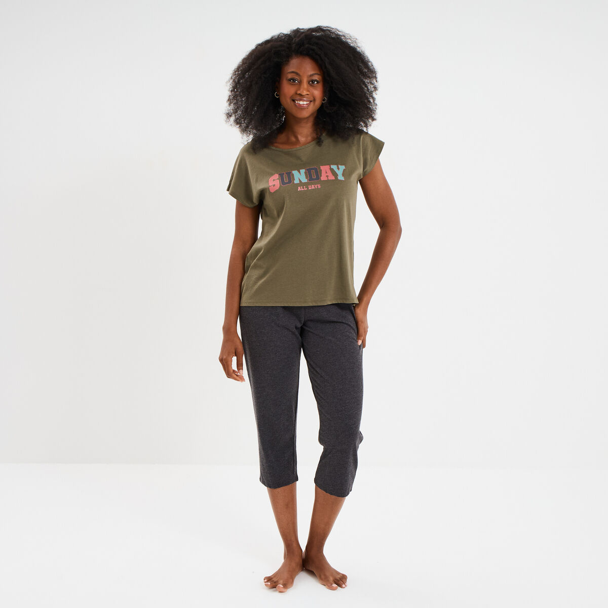 Ensemble pyjama corsaire t-shirt coton vert kaki femme