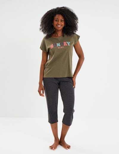 Ensemble pyjama corsaire t-shirt coton vert kaki femme