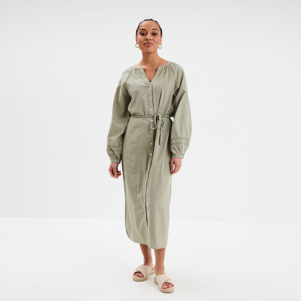 Robe manches ballons ceinturée vert kaki femme
