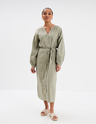 Robe manches ballons ceinturée vert kaki femme