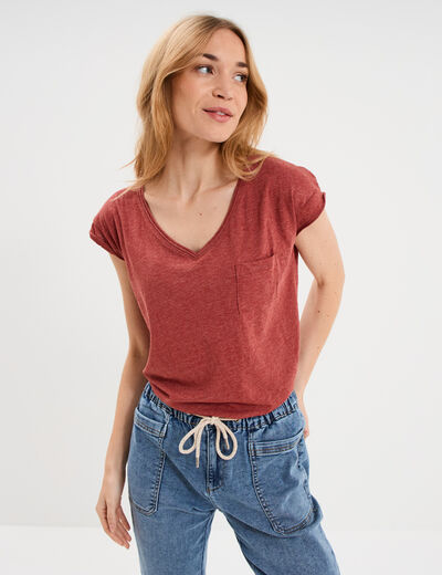 T-shirt col v poche poitrine rouge fonc&eacute; femme