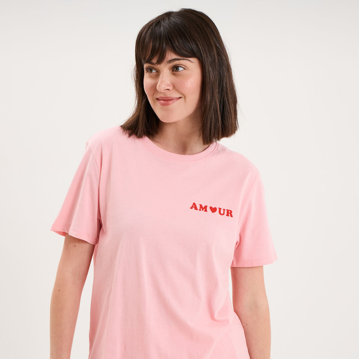 T-shirt col rond manches courtes coton rose femme