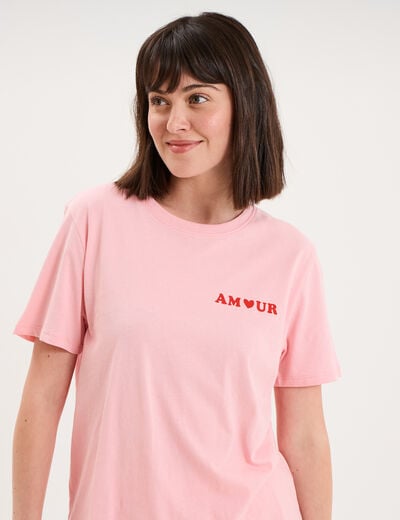 T-shirt col rond manches courtes coton rose femme