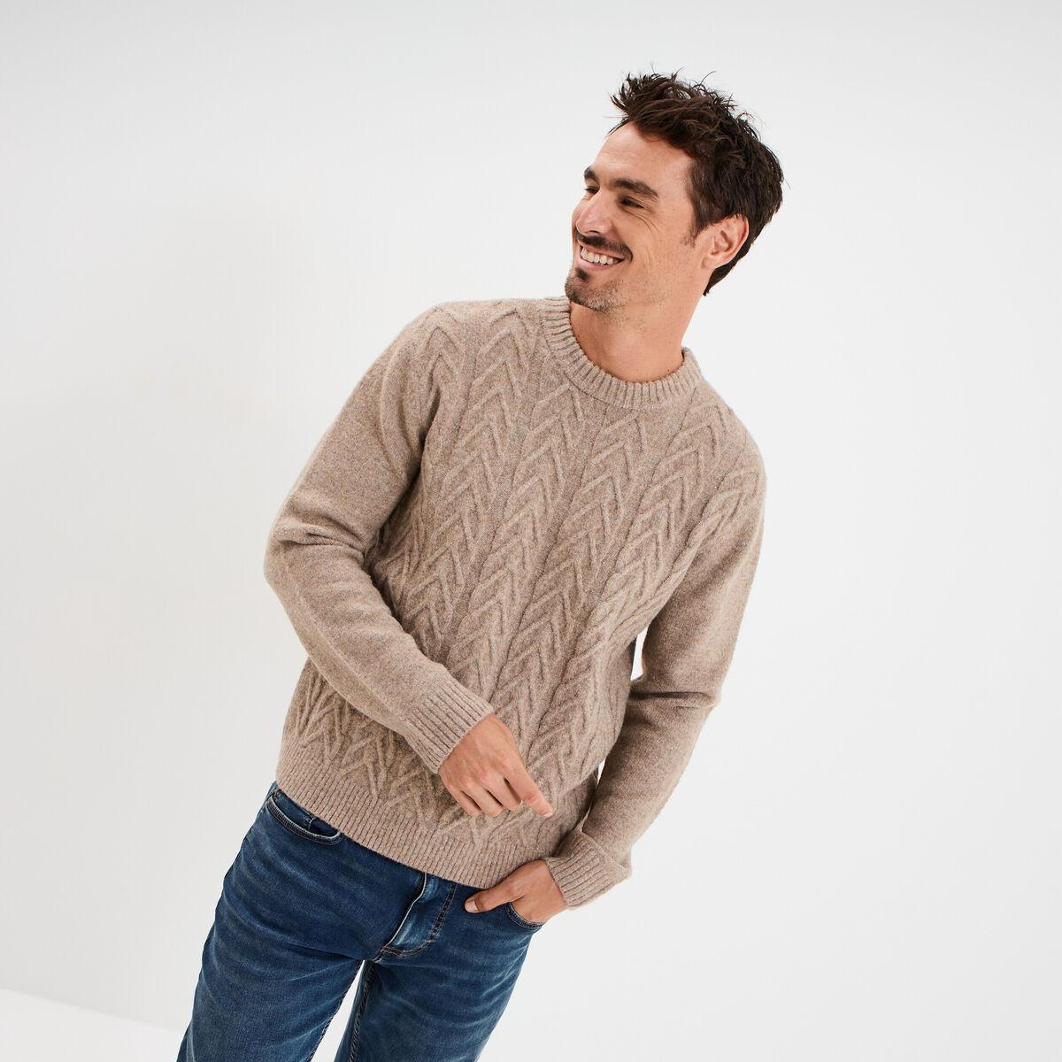 Pull col rond manches longues beige homme
