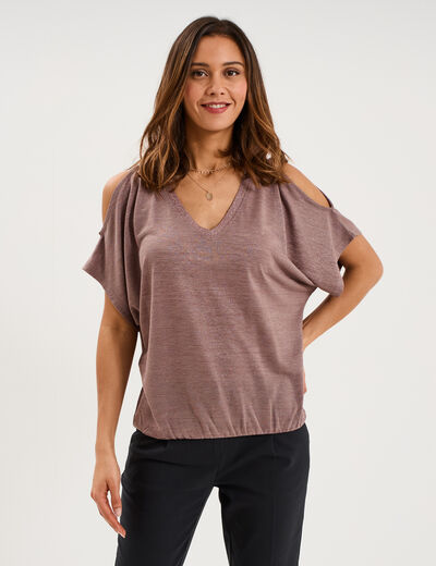 T-shirt fluide &eacute;paules d&eacute;nud&eacute;es col en V marron cognac femme