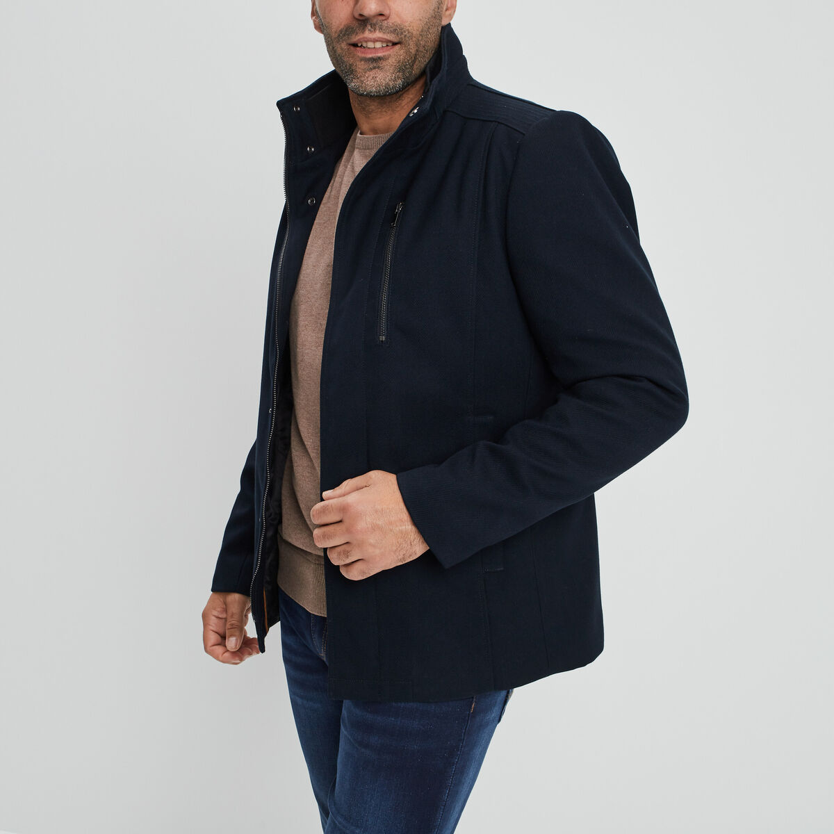 Veste droite courte zippée col montant bleu marine homme