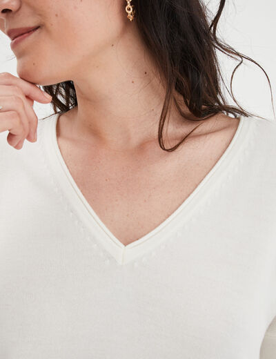 Pull col en V manches longues blanc femme