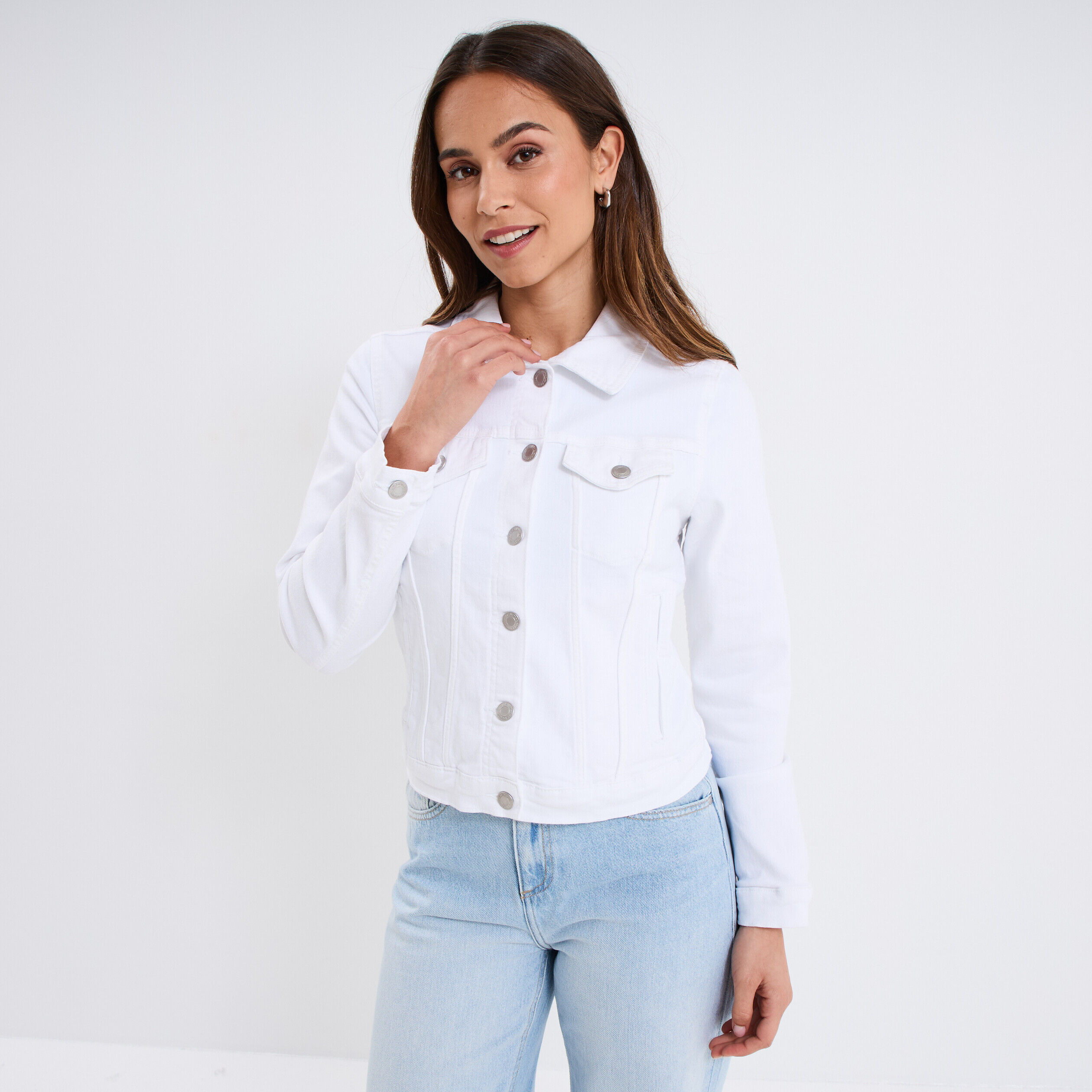 Veste en jean ajustée boutonnée denim blanc femme LH