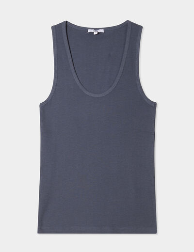 Débardeur col rond côtelé coton bleu gris femme