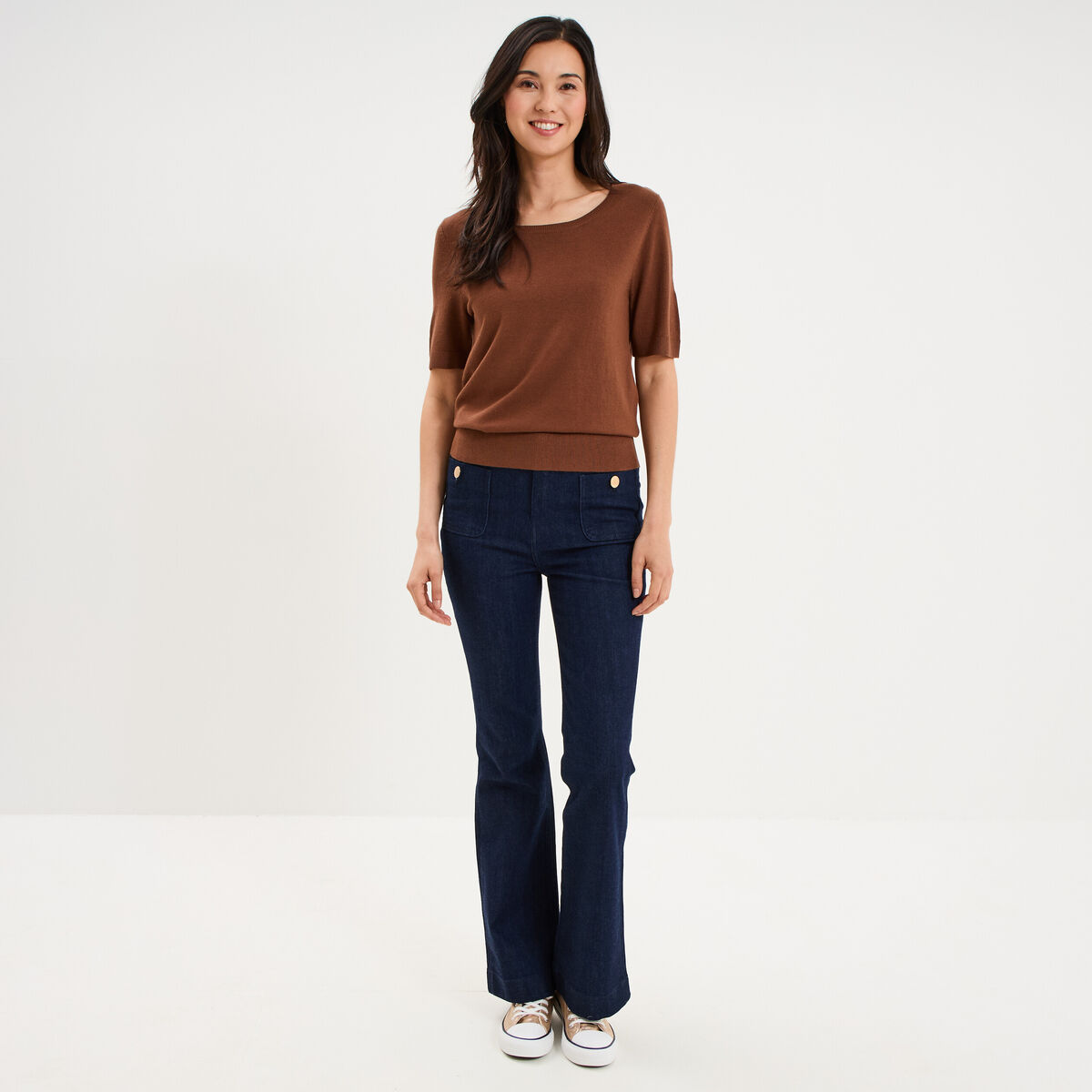 Pull manches courtes col rond marron fonc&eacute; femme