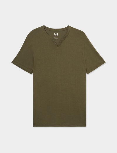 T-shirt manches courtes col tunisien vert kaki homme