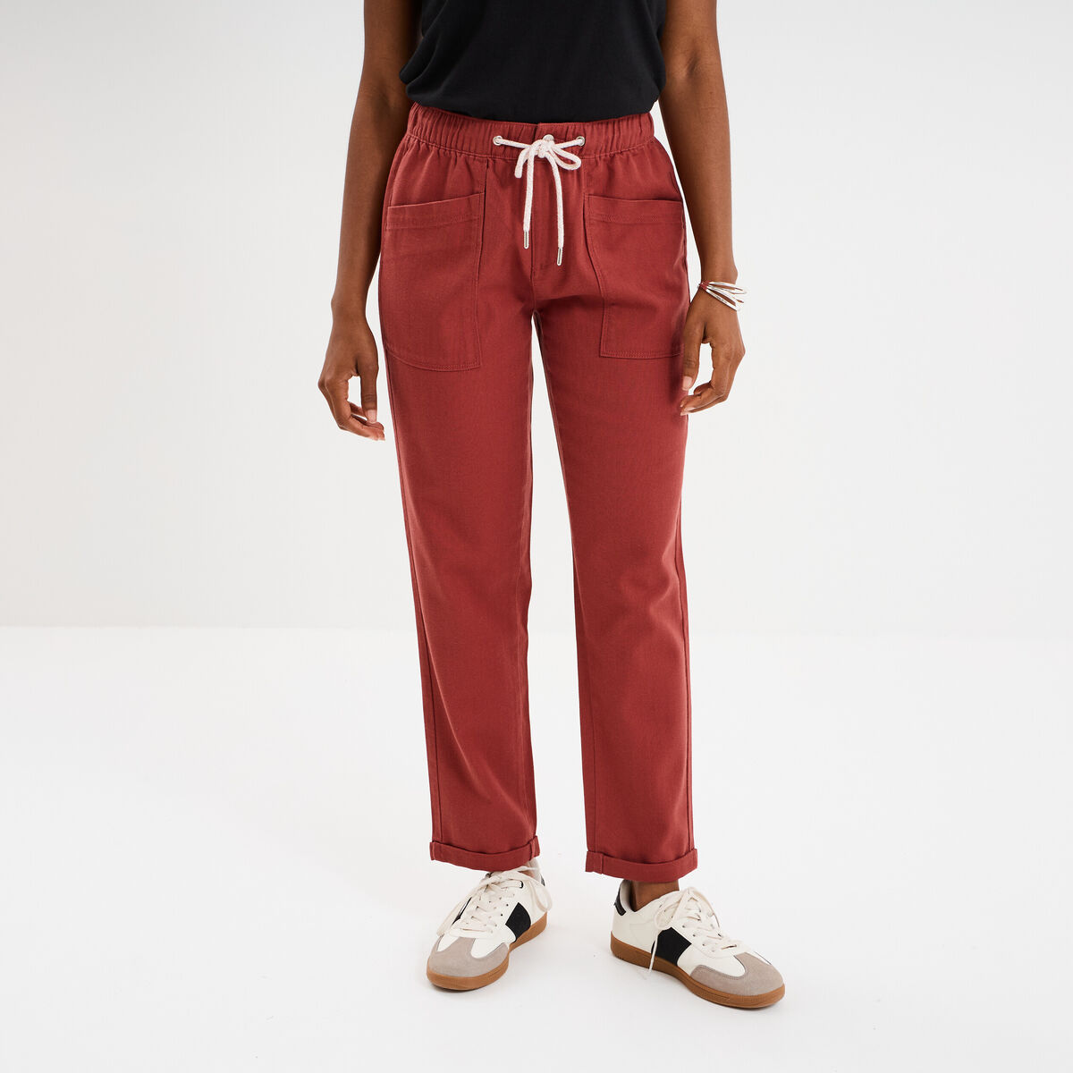 Pantalon droit taille élastiquée rouge foncé femme