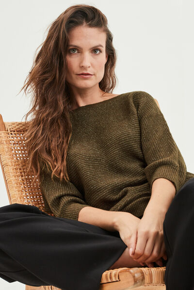 Pull manches 3/4 vert kaki femme