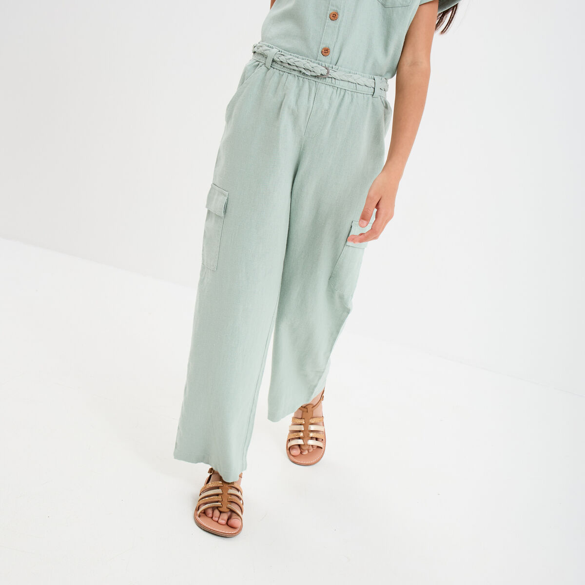 Pantalon large lin m&eacute;lang&eacute; ceintur&eacute; vert pastel fille