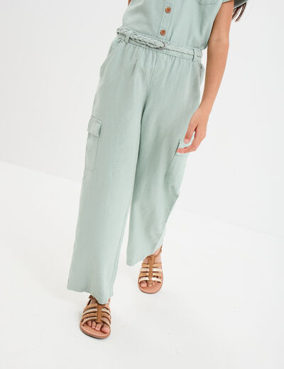 Pantalon large lin m&eacute;lang&eacute; ceintur&eacute; vert pastel fille