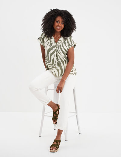 Blouse col en V manches courtes vert kaki femme