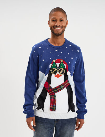 Pull de No&euml;l col rond bleu homme