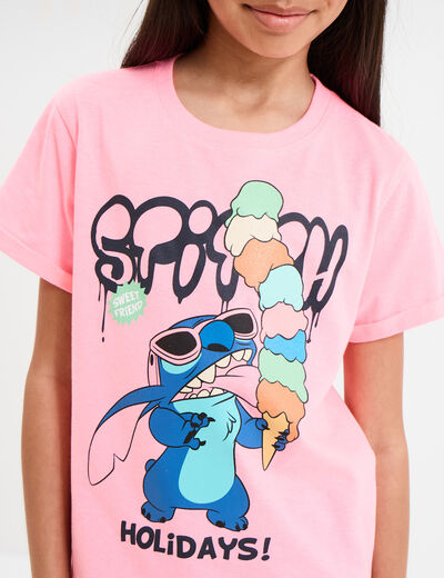 T-shirt manches courtes Stitch rose fluo fille
