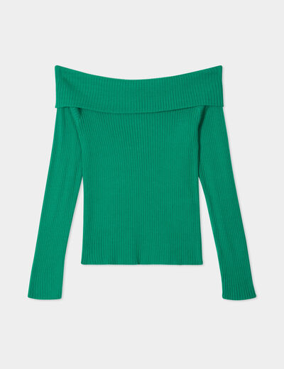 Pull côtelé col bardot manches longues vert femme