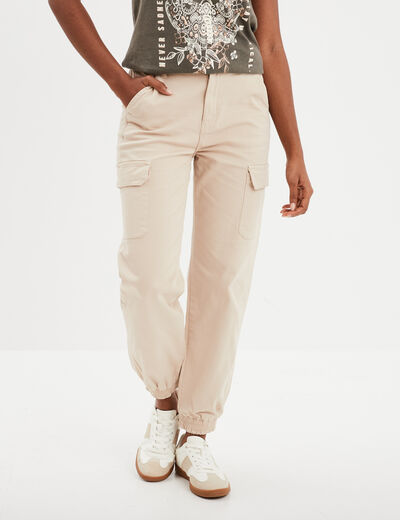 Pantalon cargo taille haute ajustable beige femme