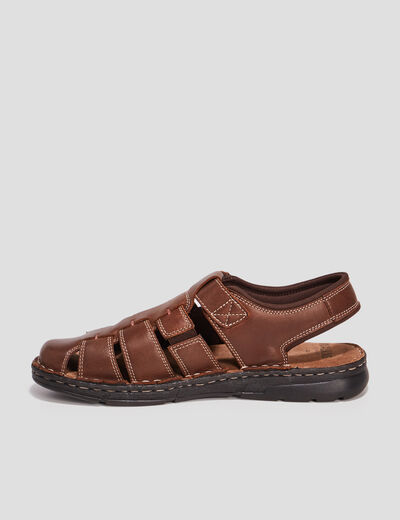 Sandales à scratch en cuir marron homme