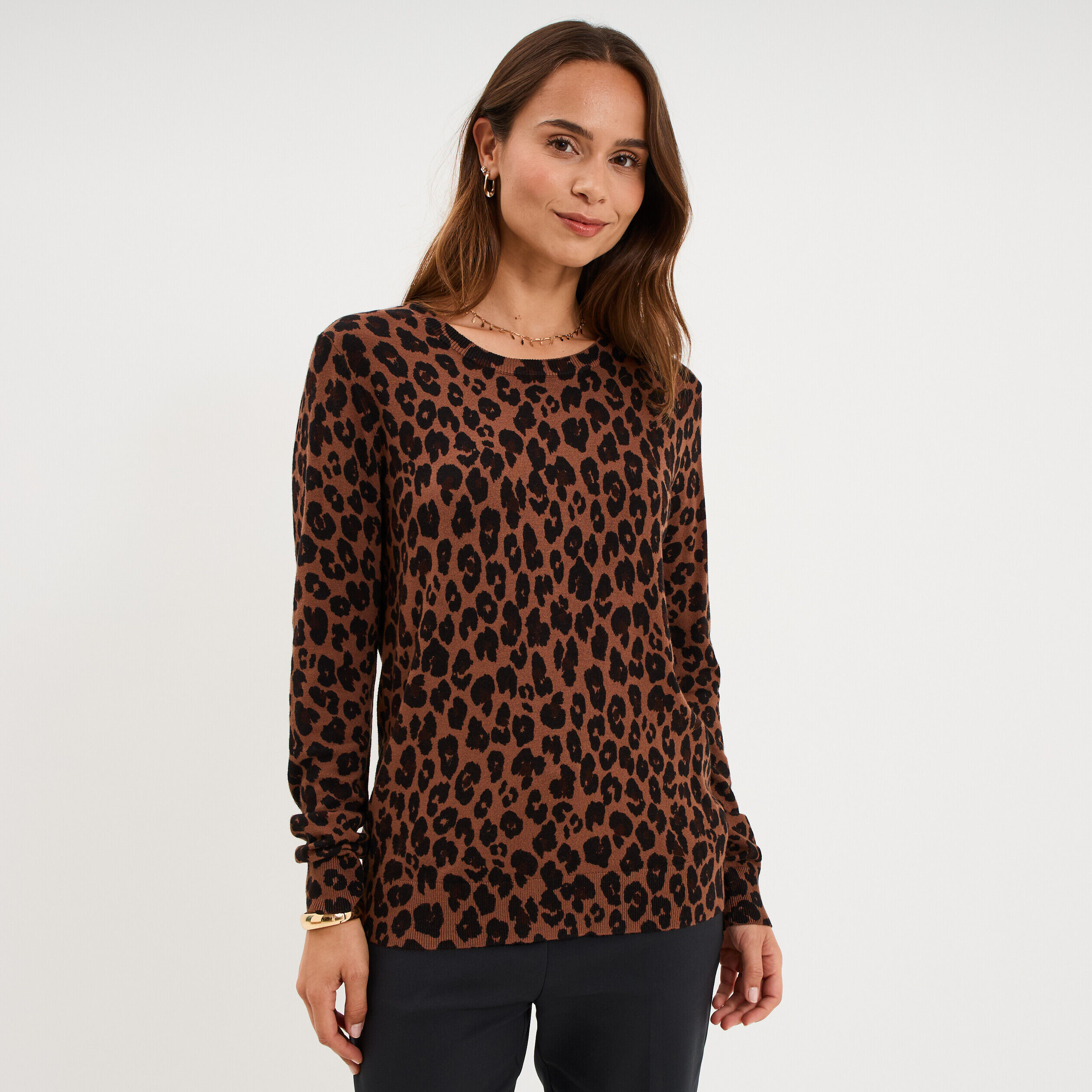 Pull col rond manches longues marron chocolat femme LH