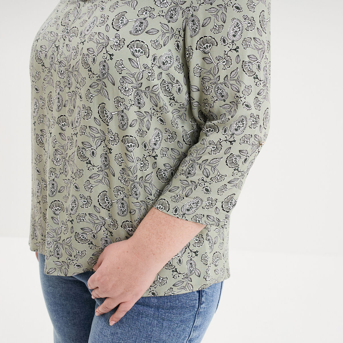 Blouse col tunisien manches 3/4 fluide vert kaki femme grande taille