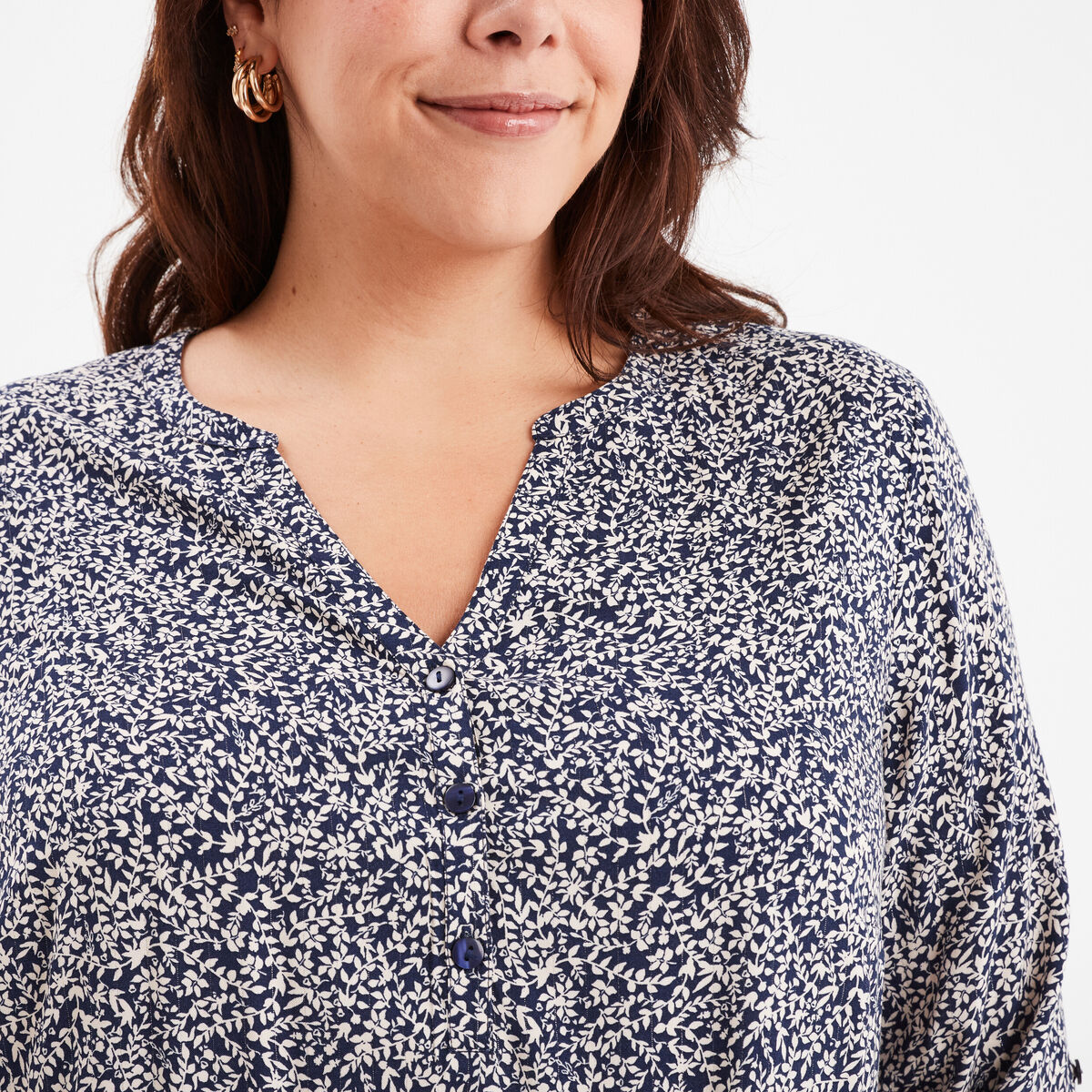Blouse manches 3/4 retroussables bleu marine femme grande taille