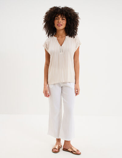 Pantalon fluide &eacute;lastiqu&eacute; gaze de coton blanc femme