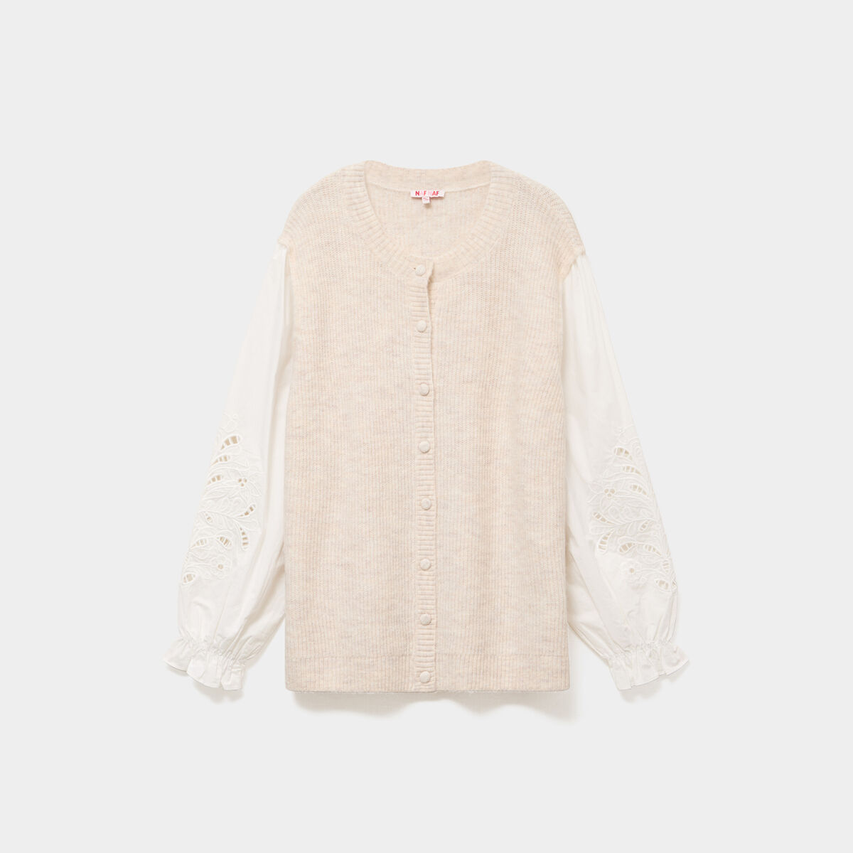 Gilet effet 2-en-1 manches brod&eacute;es beige femme grande taille
