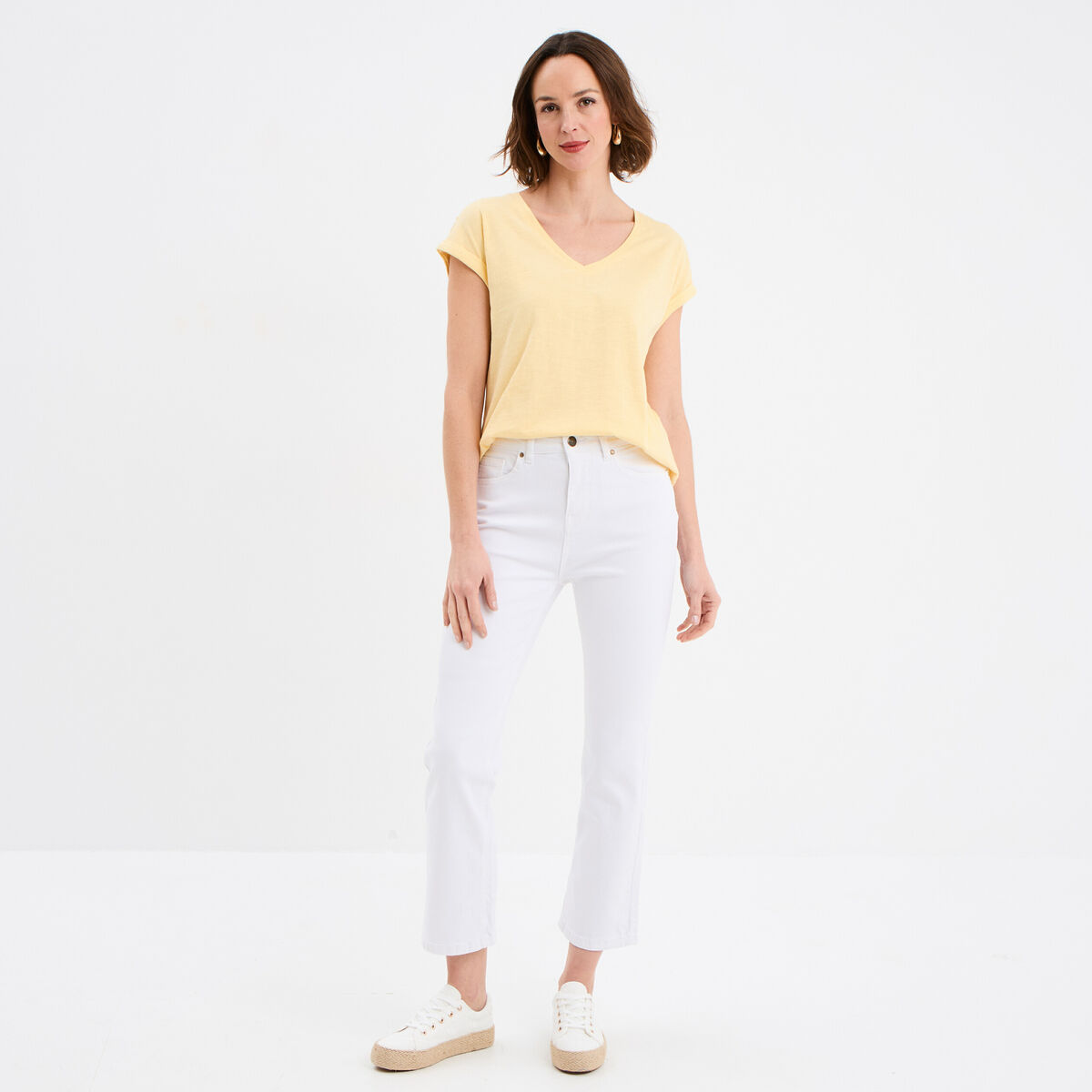 T-shirt dos dentelle brod&eacute;e coton jaune clair femme