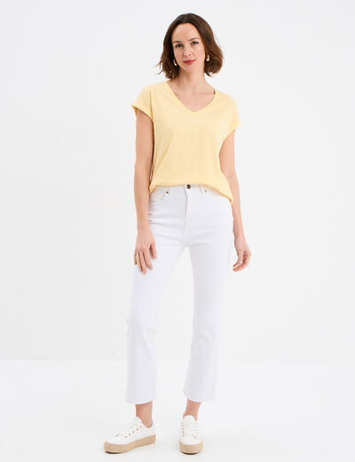 T-shirt dos dentelle brodée coton jaune clair femme