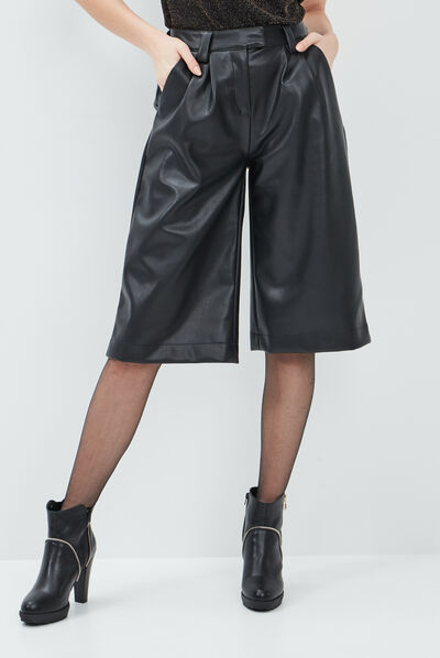 Jupe-Culotte large simili cuir noir femme