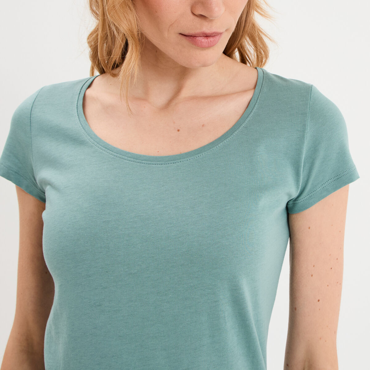 T-shirt coton col rond manches courtes bleu gris femme