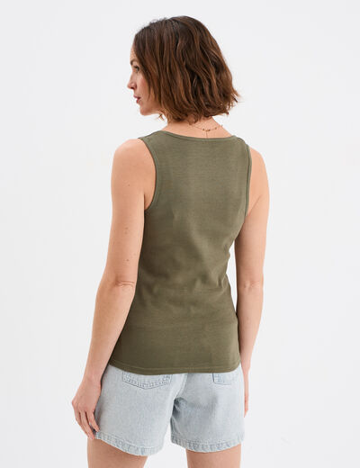 Débardeur col rond côtelé coton vert kaki femme