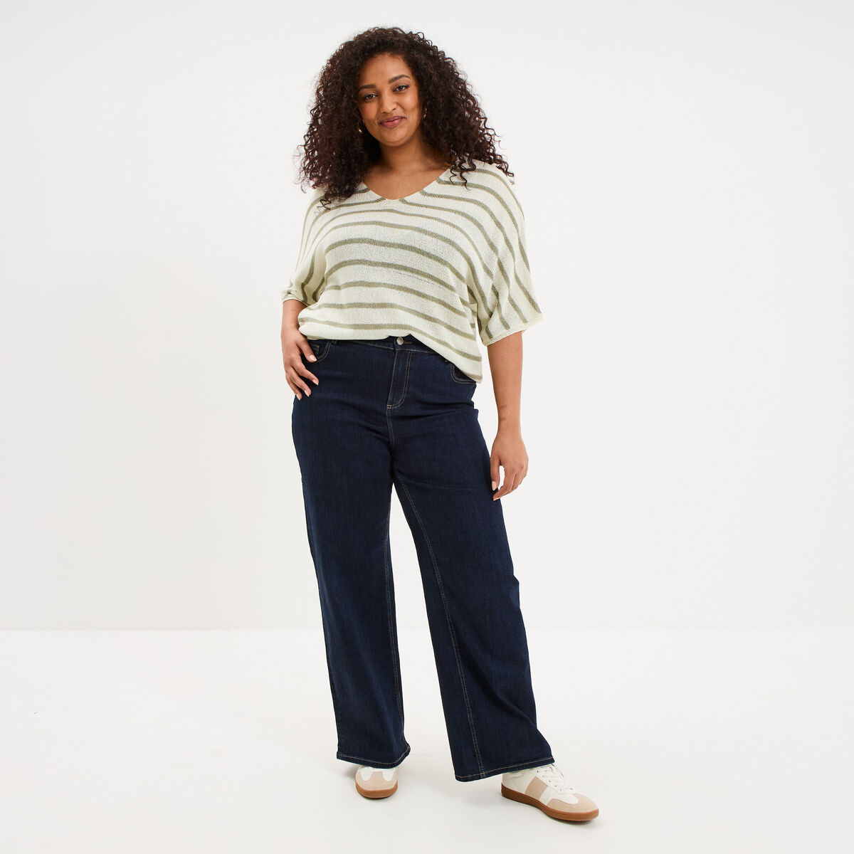 Pull manches 3/4 col en V vert clair femme grande taille
