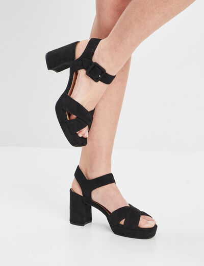 Sandales plateforme &agrave; talons en su&eacute;dine noir femme