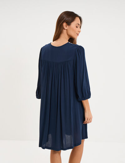 Robe fluide brod&eacute;e manches 3/4 bleu marine femme